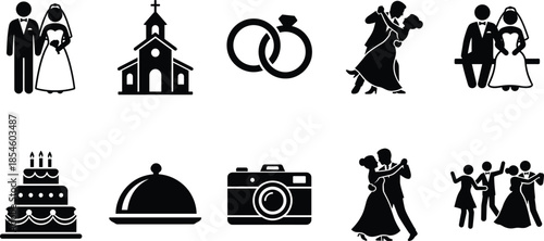 Collection of Black Wedding Icons Including Bride Groom Church Rings Cake and Dancing Couples Isolated on White Background for Marriage Events