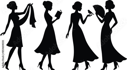 Elegant female silhouettes in graceful poses with accessories like book, bird, fan, and scarf, showcasing fashion, femininity, and style