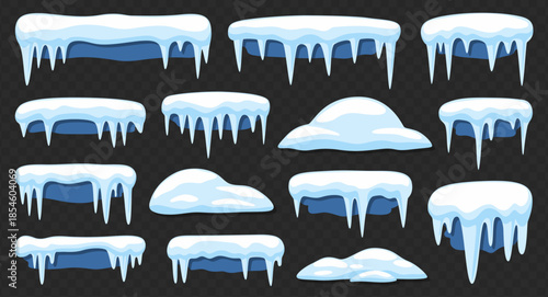 Cartoon snow and icicle border set with frozen drip edges and soft snow caps and ice melt isolated on transparent background