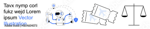 Digital tools, ticketing system, justice, balance, technology, organization. are a scale, tickets and a tech-centric symbol. Digital tools and ticketing system concepts