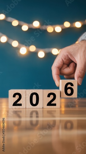 Hand completing 2026 date with wooden cubes on table with string lights for New Year eve background