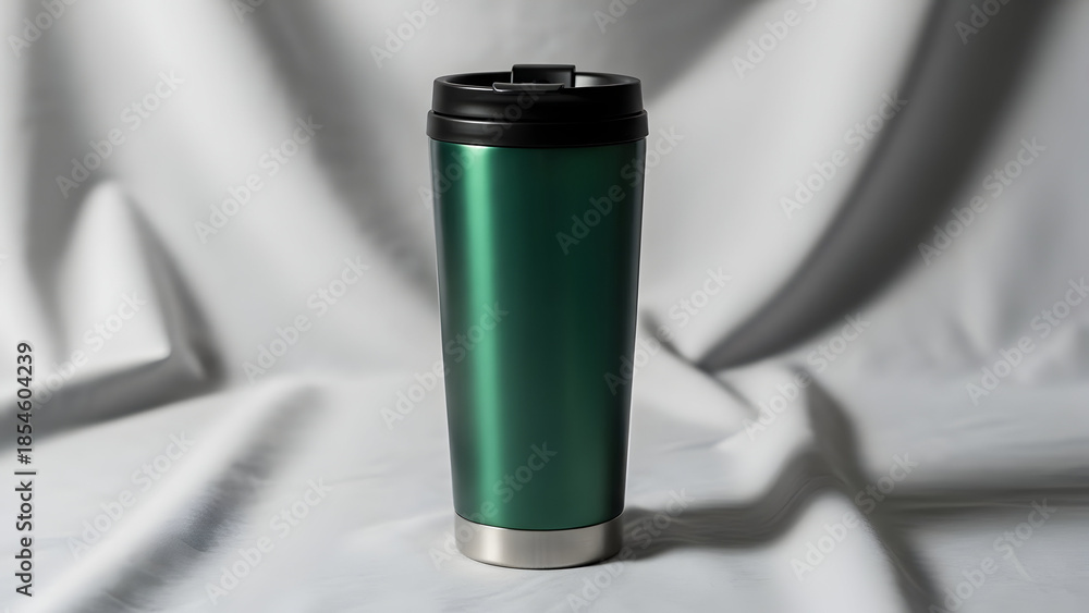 Fototapeta premium Green insulated travel mug with black lid
