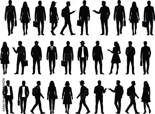 Large, collection, of, black, people, silhouettes, featuring, business, men, and, women, in, various, standing, and, walking, poses, isolated, on, white,