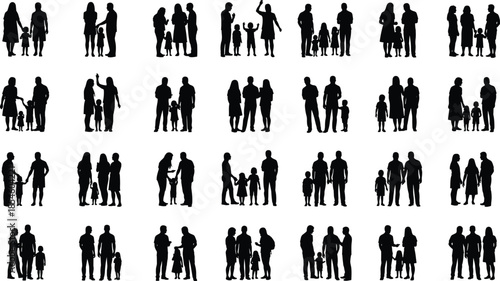 Massive collection of diverse family silhouettes featuring parents and children in various poses representing community, togetherness, love, and social connection.