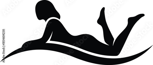 Minimalist black silhouette of a woman lying on her stomach relaxing on a wave shape for spa beauty and wellness concept