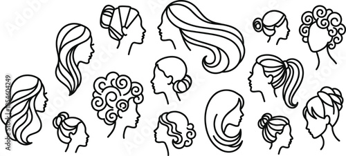 Minimalist Female Profile Silhouettes Featuring Diverse Hairstyles for Beauty Branding, Fashion Design, Hair Salon Icons, and Style References
