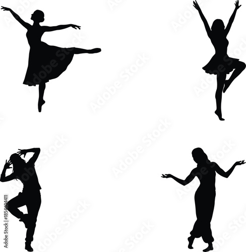 Set of elegant female dancer silhouettes featuring ballet, contemporary, and hip hop styles isolated on white background for creative design projects. (21 words)