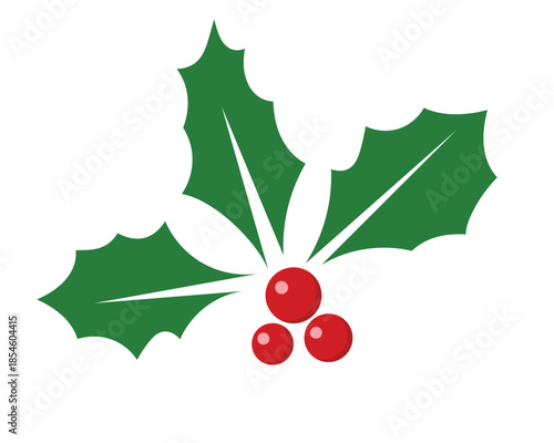 Green holly leaves with red berries isolated on white background. Classic Christmas and winter decoration symbol ideal for holiday cards, festive designs, seasonal branding, wrapping paper