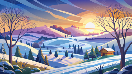 Snow-covered countryside with rolling hills and bare trees under a soft winter sunrise