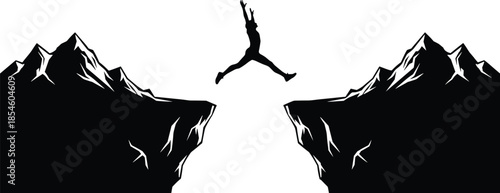 Silhouette of a brave person jumping over mountain cliffs representing success, courage, risk taking, personal growth, and achieving high goals.