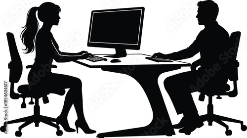 Silhouette of a businessman and businesswoman working together at a computer desk in an office environment isolated on white background.