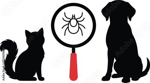 Silhouette of a cat and dog with a magnifying glass showing a tick icon isolated on white background for veterinary.