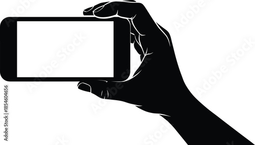 Silhouette of a Hand Holding a Blank Smartphone Screen in Horizontal Position for Mobile App Mockup and Digital Social Media Marketing (21 words)