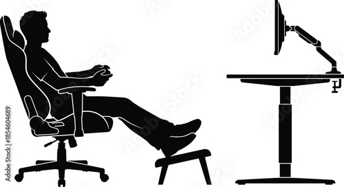 Silhouette of a Man Relaxing in Ergonomic Gaming Chair with Footrest while Using Controller at Height Adjustable Standing Desk Setup (21 words)