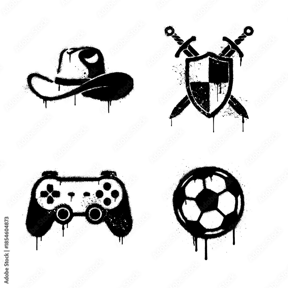 Obraz premium spray paint graffiti icons of gaming controller soccer ball and adventure