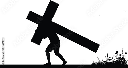 Silhouette of person carrying large cross on back, symbolizing burden, sacrifice, and spiritual perseverance in religious-themed illustration.