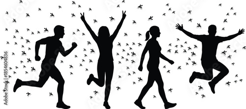 Silhouette of People Reacting to Mosquito Swarm Outdoors – Vector Concept for Insect Attack, Summer Pest, or Disease Awareness
