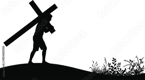 Silhouette, Jesus, cross, crown of thorns, uphill, suffering, sacrifice, redemption, Christian, faith, Easter, passion, spiritual, devotion, pain, journey, biblical, dark, dramatic, symbolism