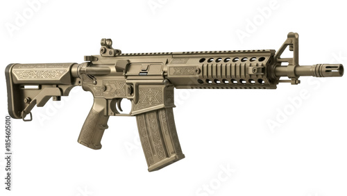 Photos Engraved AR-15 rifle PNG isolated on transparent background, custom firearm with