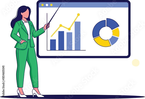 Businesswoman presenting data analysis on a large computer screen with graphs