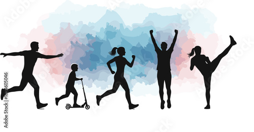 Silhouettes of active people running jumping and riding scooters against a colorful background representing health fitness energy and a vibrant lifestyle