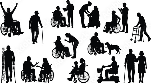 Silhouettes of disabled individuals with mobility aids and caregivers, highlighting inclusion, accessibility, and support in everyday life scenes