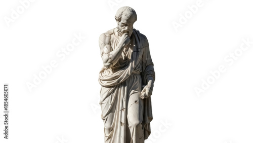 Statue of a pensive philosopher isolated PNG, ancient Greek sculpture on transparent background, thoughtful man in toga