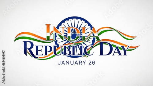 India Republic Day graphic with Ashoka Chakra and tricolor ribbons celebrating national holiday on January 26 vector illustration