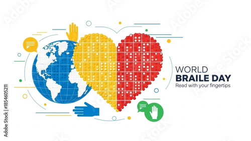 World Braille Day heart icon with globe and hands representing accessibility and communication for the visually impaired vector illustration for awareness campaigns