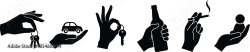 Silhouettes of Hands Holding Objects Representing Responsibility, Lifestyle Choices, Safety Icons, and Symbolic Human Actions for Conceptual Design