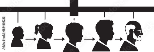 Human life cycle shown as silhouettes from infancy to old age