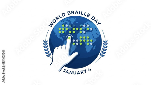 World Braille Day illustration with a hand touching a globe with Braille dots celebrating literacy and accessibility on January 4th