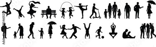 Silhouettes of People in Everyday Activities, Family Moments, Outdoor Recreation, Social Interaction, and Lifestyle Scenes for Community Design Concepts