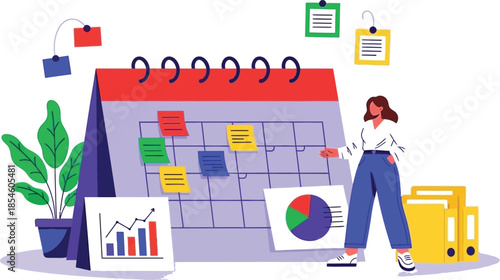 A woman planning and organizing her schedule with a calendar and charts