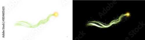 PNG image of Collection of two distinct magical light trails featuring a bright glowing orb trailing brilliant energy streaks and shimmering star dust effects on transparent background