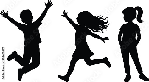 Vector silhouette collection of active happy children jumping running and standing with arms raised isolated on a clean white background