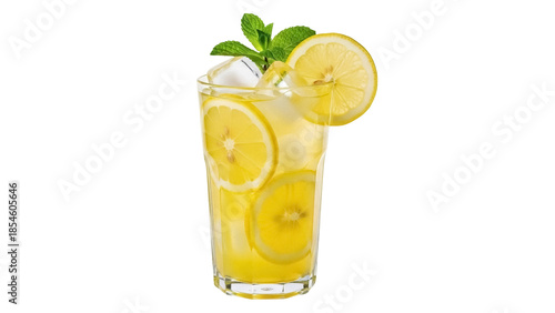 Refreshing lemonade with lemon slices and mint PNG isolated on transparent background, summer drink for refreshment and healthy lifestyle