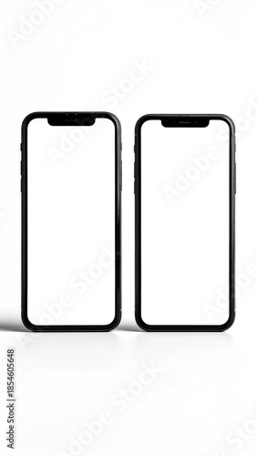 Two smartphones with blank white screens