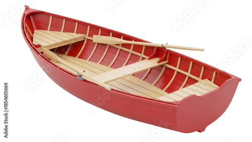 Bild auf Leinwand Red rowboat with oars isolated PNG on transparent background, wooden boat for ro
