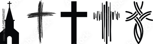 Vector silhouette collection of Christian religious icons including various artistic cross styles and a church building isolated on white background