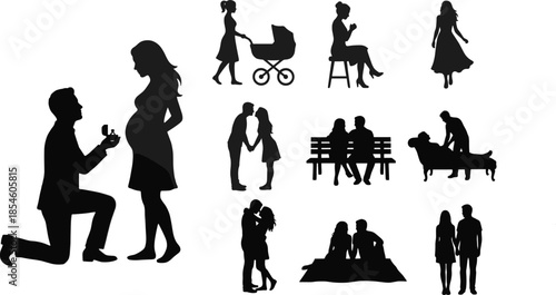 Vector silhouette collection of romantic couples including a marriage proposal to a pregnant woman outdoor dates and family life moments isolated