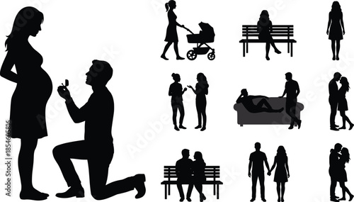 Vector silhouette collection of life stages and relationships including a marriage proposal to a pregnant woman and various couple activities
