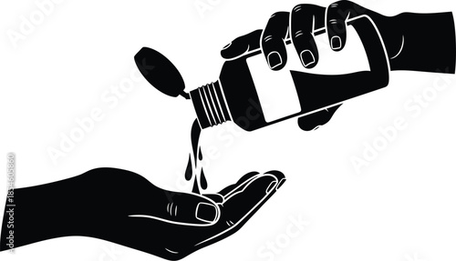 Hand pouring liquid into another hand cosmetic product illustration on transparent background silhouette