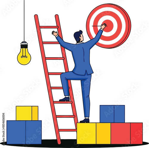 Businessman on ladder aiming at target with lightbulb idea
