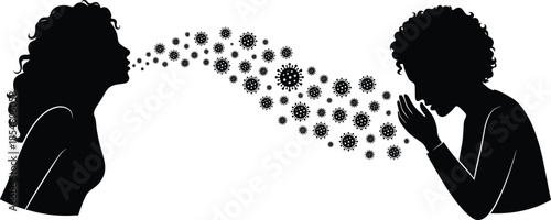 Vector silhouette of a woman sneezing and spreading virus germs toward a man who is coughing on a white background isolated