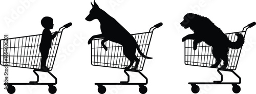 Vector silhouette set of a small child and two different dogs standing inside metal shopping carts isolated on white background