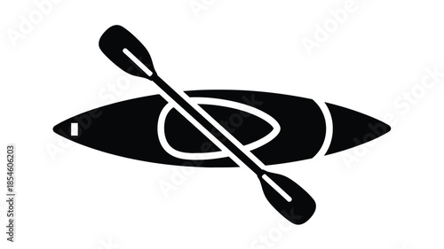 Overhead view of a kayak and paddle simple black and white silhouette