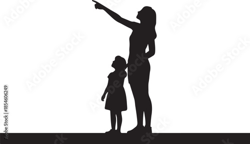 Silhouette of Woman and Child Pointing at Sky
