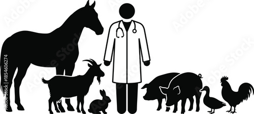 Veterinarian silhouette with farm animals including horse, pig, goat, rabbit, duck, and rooster for animal care and agriculture themes.