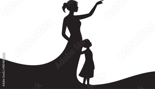 Silhouette of Woman and Child on Hillside Pointing to Horizon